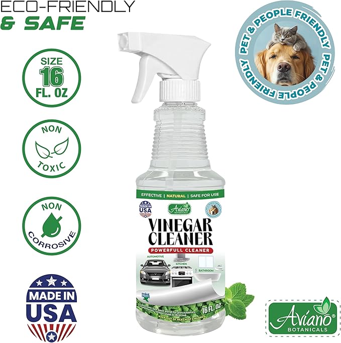 Aviano Botanicals Vinegar Cleaner, Made in USA - 16 Fl Oz Vinegar Cleaning Spray – Safe, Non-Corrosive, Pet & People Friendly, Eco-Friendly Mint Scent for Kitchen, Auto, Floors, Glass, Baths and more