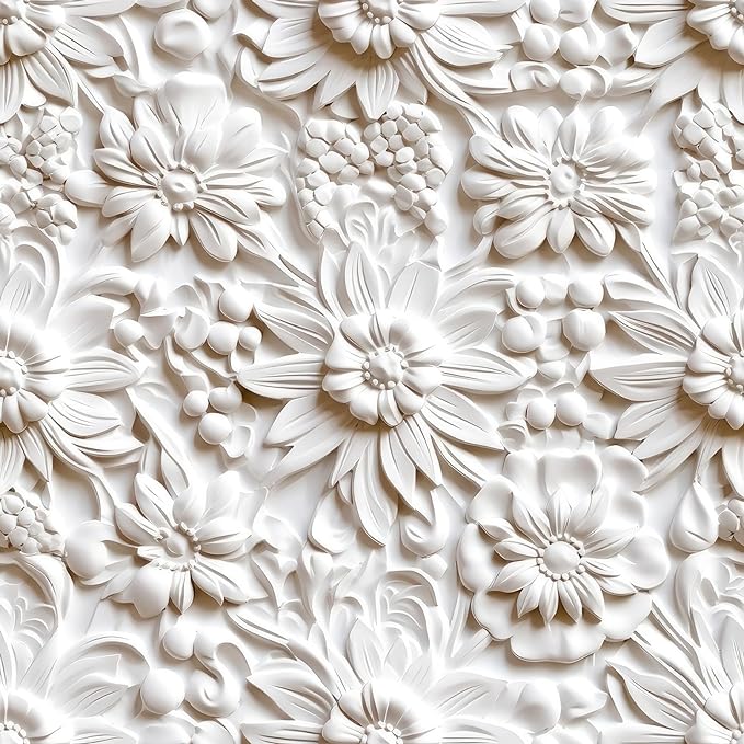 FunStick 17.5x590 Off White 3D Floral Peel and Stick Wallpaper Vintage Embossed Floral Contact Paper White Vinyl Renter Friendly Wall Paper for Bathroom Kitchen Accent Wall Cabinets Ceiling Waterproof