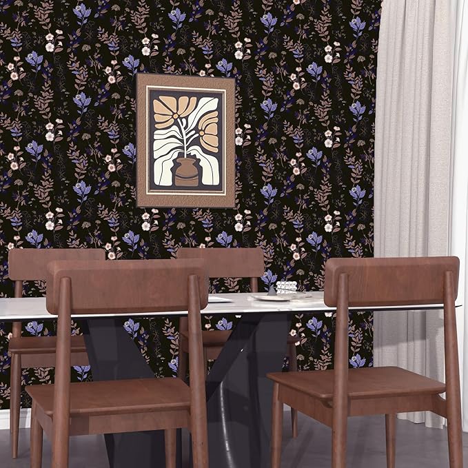 Fvlow Black Floral Wallpaper Peel and Stick Purple Leaf Contact Paper 17.4" X 118" Moody Dark Wallpaper Waterproof Self-Adhesive Vintage Wall Covering for Bedroom Countertop Desk Cabinets Decor