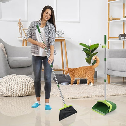 Broom and Dustpan Set, 52-in Long Adjustable Handle Broom Dustpan Combo with Dust pan Teeth to Automatically Clean Hair Suitable for Home Kitchen Office Hall Floor (Green), 2 Pack