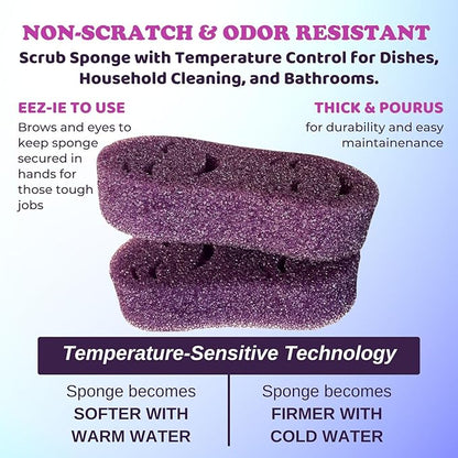 Smilyeez Double-Size Scrub Moji Sponge 2-Pack – Dual Smiling Faces, Temperature-Responsive Scrubber – Scratch-Free, Odor & Stain Resistant – Purple