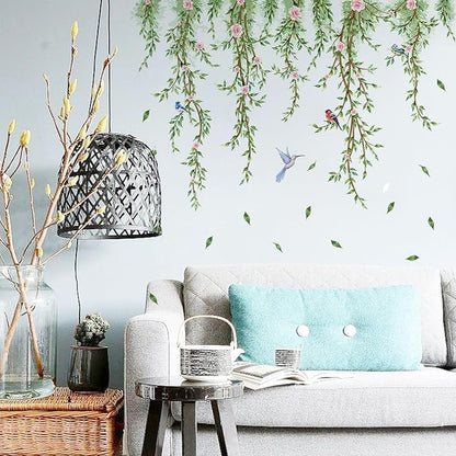 Hanging Vine Wall Decals with Birds Green Leaves Flowers Removable Peel and Stick Wall Stickers for Bedroom Living Room Nursery Bathroom Kitchen Home Decor DIY Forest Wall Art