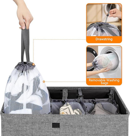 WOWLIVE Laundry Hamper with Lid,180L Large Laundry Basket 3 Section with Removable Washing Bags,Collapsible Waterproof Dirty Clothes Hamper for Laundry Room Bathroom Dorm,Gray