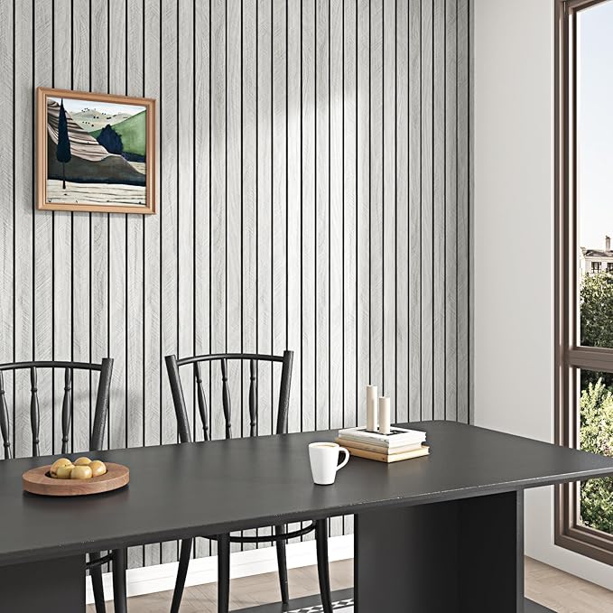 Wallercity Gray Peel and Stick Wood Slat Panels for Living Room Bedroom 11.7''x118'' Wooden Panels Wall Decor Self Adhesive Waterproof Wood Paneling Soundproof Slat Wallpaper for Backsplash Ceiling