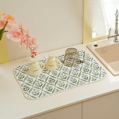 Boho Dish Drying Mat 18x24 Inches For Kitchen Counter Block Print Green Floral Kitchen Decoration Drying Mat Modern Decorative Flower Drying Pad Mat for Home Kitchen Decor,Dining Room,Office