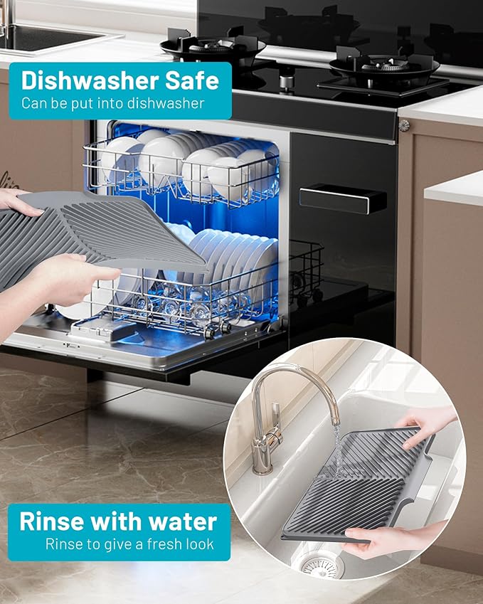 Dish Drying Mat Kitchen Counter - Silicone Dish Drying Pad with Built-in Drain for Sink, Refrigerator and Drawer Liner, Easy Clean, Non-Slip, Heat Resistant, 14.8" x 10.7"