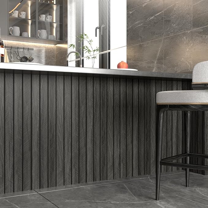 Wallercity 3D Wood Black/Grey Wall Panels Wood Slat Acoustic Panel for Walls & Ceiling Peel and Stick Textured Sound Absorbing Panel for Bedroom Living Room Vinyl Waterproof Fence Paneling 11.7x197 IN