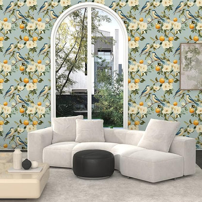 Laatse Birds Wallpaper Peel and Stick, Blue Vintage Floral Fruits Contact Paper 17.5" x 393", Botanical Wall Paper Self Adhesive Removable Waterproof for Bathroom Bedroom Shelf Cabinet Drawer Table