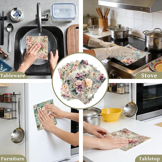 Reusable Swedish Dishcloths for Kitchen, 6 Pcs Vintage Floral Swedish Dish Cloths, Absorbent Flower Designs Sponge Cleaning Towels Wipes for Kitchen Cooking Home Decoration Housewarming Gifts