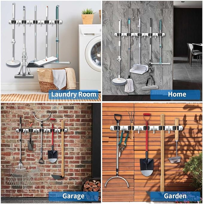 Broom Holder Wall Mount, Stainless Steel Broom Hanger Wall Mount, Heavy Duty Mop and Broom Holder Tool Racks Utility Hooks for Laundry Room Garden Garage, Black (5 Racks and 4 Hooks)