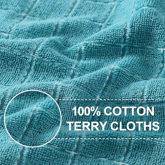 Homaxy 100% Cotton Terry Kitchen Towels(Lake Blue, 13 x 28 inches), Checkered Designed, Soft and Super Absorbent Dish Towels, 4 Pack