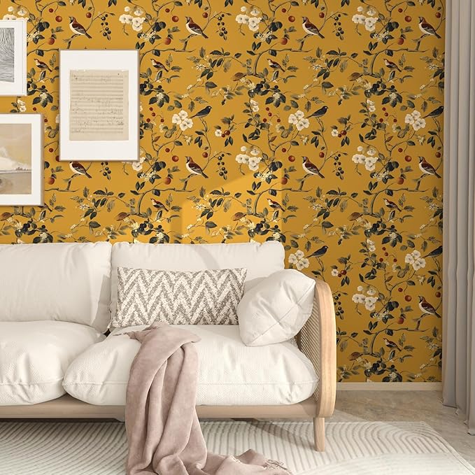 Laatse Vintage Bird Wallpaper 17.5"x118" Yellow Chinoiserie Floral Wallpaper Peel and Stick Removable Waterproof Self Adhesive Boho Wall Paper Floral Contact Paper for Bedroom Walls Cabinet Locker
