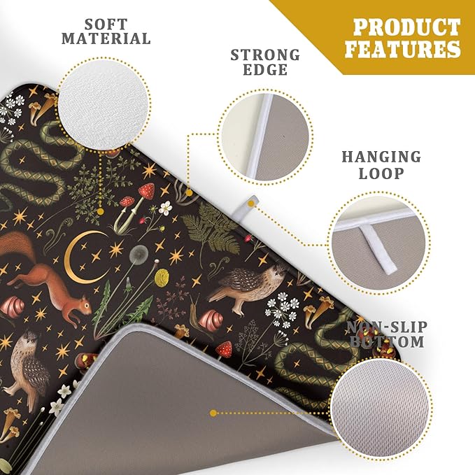 Black Mushrooms Butterfly Dish Drying Pad 18 x 24 Inch With Absorbent Reversible Microfiber Forest Wild Animals Flowers Moon Star Drying Mats Dish Drainer Mat Fast Dry For Kitchen Dining Room