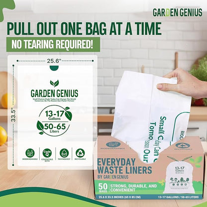 Biodegradable 13-17 Gallon Code-Q Trash Bags (50 Pack) | Strong Heavy-Duty Tall White Kitchen Bags w/Drawstring | Fits Simplehuman & Standard Cans | Eco-Friendly D2W, 30 Micron Thick | 25.6" x 33.5"