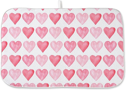 Valentines Day Dish Drying Mats 18x24 Inch Love Pink Heart Drying Mats Anniversary Mother's Day Holiday Valentines Decorations Absorbent Drying Dish Mats for Kitchen Dining Room Counter Decor
