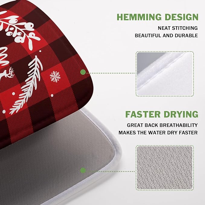 Merry Christmas Dish Drying Mat for Kitchen Counter, Red Buffalo Plaid Kitchen Drying Mat Microfiber Absorbent Dishes Pad Winter Xmas Dish Drainer Rack Mats Fast Dry Kitchen Accessories 16”x18”