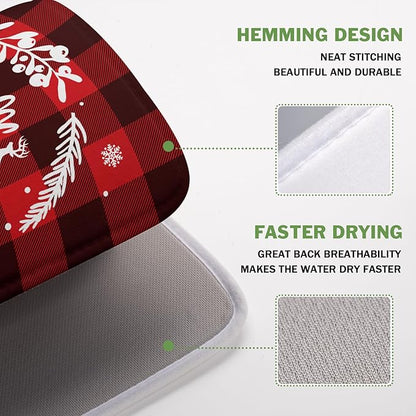 Merry Christmas Dish Drying Mat for Kitchen Counter, Red Buffalo Plaid Kitchen Drying Mat Microfiber Absorbent Dishes Pad Winter Xmas Dish Drainer Rack Mats Fast Dry Kitchen Accessories 16”x18”