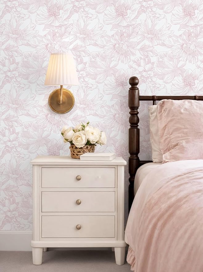 Ismoon Large Floral Peel and Stick Wallpaper Boho White/Pink Contact Paper 17.3inx6.5ft Removable Self Adhesive Bedroom Cabinet Mural Wall Decor Vinyl Roll