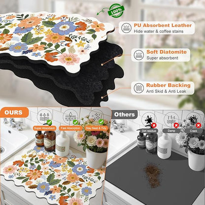 LOKHOM Scalloped Floral Dish Drying Mat, 18"x24" Super Absorbent Coffee Mat with Unique Spring Wildflowers, Cuttable Hide Stain Non-slip Drying Mat for Kitchen Counter Coffee Maker Espresso Machine
