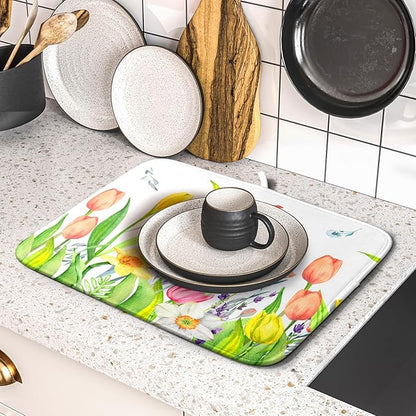 Aportt Spring Floral Dish Drying Pad with Absorbent Reversible Microfiber Watercolor Tulip Lavender Flower Drying Mats 16 x 18 Inch Dish Drainer Mat Fast Dry For Kitchen Dining Room