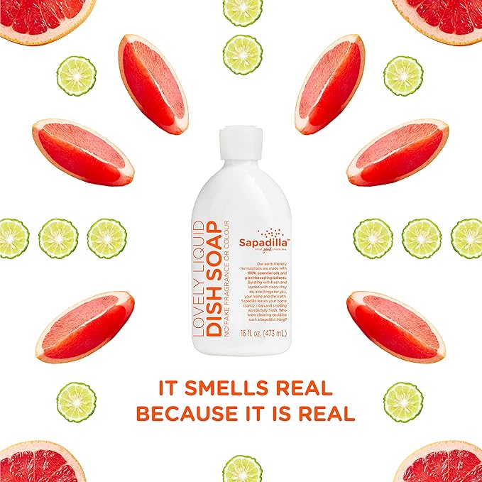 Sapadilla Liquid Dish Soap - Grapefruit + Bergamot - Made with 100% Pure Essential Oil Blends, Tough on Grease, Aromatic & Fragrant Dishwashing Liquid, Plant Based, Biodegradable, 16 Ounce (Pack of 1)