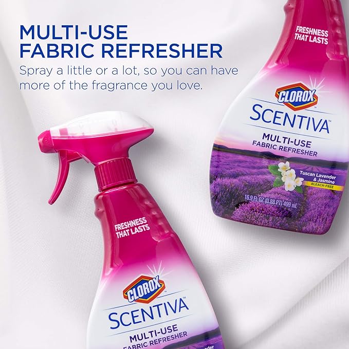 Clorox Scentiva Refresher Spray, Tuscan Lavender & Jasmine Scent - Multi-Use Fabric & Linen Freshener Spray - Odor Eliminator for Home, Upholstery, Bedding, Curtains, Room, 16.9 Fl Oz