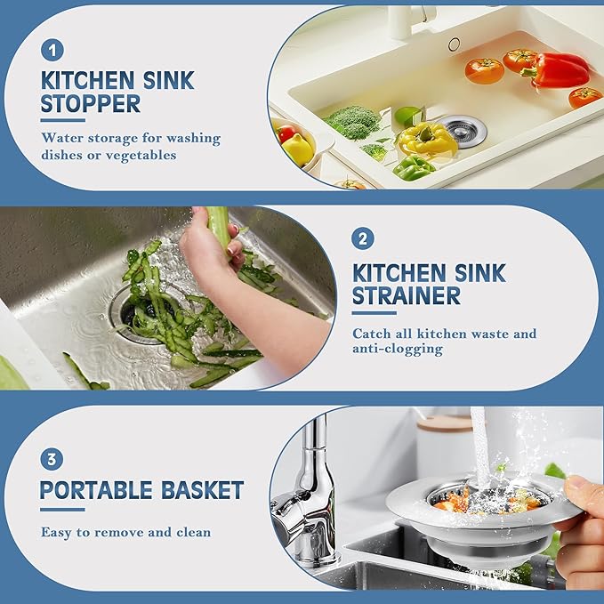 Kitchen Sink Drain Strainer 2 Pack, 304 Stainless Steel Pop Up Sink Stopper, Anti-Clogging Sink Drain Strainer for US Standard Kitchen Drain (SUS304 Brushed)