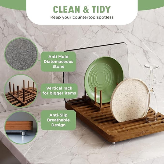NIUM Stone Drying Mat for Kitchen Counter & Bamboo Rack - 16″x12″ - Diatomaceous Earth Dish drying mat Ultra Absorbent & Fast Drying - EcoFriendly with Non-Slip Pads & Anti-Moisture Design