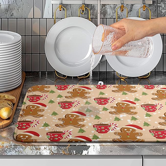 Cute Gingerbread Man Xmas Dish Drying Mat, Absorbent Dish Pad, 18x24 inch