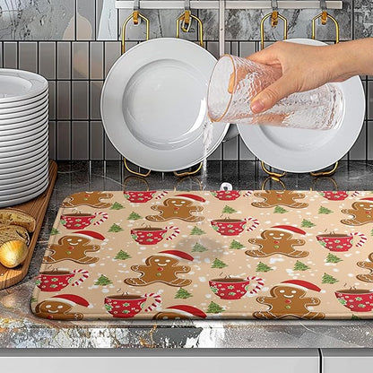 Cute Gingerbread Man Xmas Dish Drying Mat, Absorbent Dish Pad, 18x24 inch