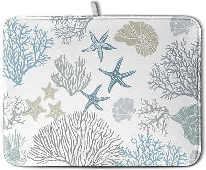 Coastal Dish Drying Mats for Kitchen Counter 18 x 24 Inch Summer Beach Drying Mat Coral Starfish Nautical Dish Rack Mat Ocean Themed Microfiber Absorbent Dish Drying Pad with Hanging Loop