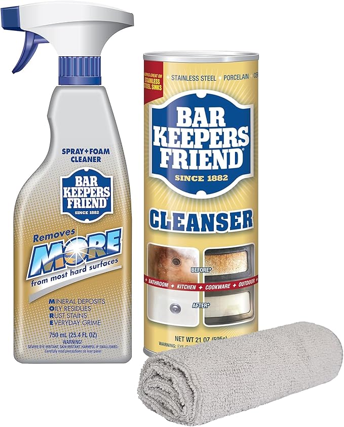PURPUR Cloth & Bar Keepers Friend MORE Foam Spray (25.4) + Powder Cleanser (21 oz) Multipurpose Cleaner, Stain & Rust Remover for Bathroom, Kitchen & Outdoo, Stainless Steel, Aluminum, Brass, Tile