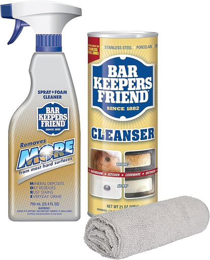 PURPUR Cloth & Bar Keepers Friend MORE Foam Spray (25.4) + Powder Cleanser (21 oz) Multipurpose Cleaner, Stain & Rust Remover for Bathroom, Kitchen & Outdoo, Stainless Steel, Aluminum, Brass, Tile