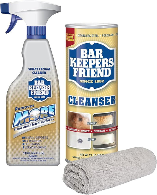 PURPUR Cloth & Bar Keepers Friend MORE Foam Spray (25.4) + Powder Cleanser (21 oz) Multipurpose Cleaner, Stain & Rust Remover for Bathroom, Kitchen & Outdoo, Stainless Steel, Aluminum, Brass, Tile