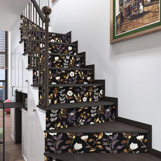 Fvlow Dark Floral Wallpaper Peel and Stick Vintage Gold Leaf Contact Paper Black Floral Wallpaper Waterproof Self-Adhesive Wall Covering for Bedroom Countertop Desk Cabinets 17.4" x 118"