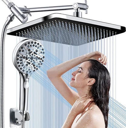 Rainfall Shower Head with Handheld, 14 Inch Rain Shower Head Combo,High Pressure Fixed Showerhead and 10 Spray Settings Handheld Shower Heads,Bathroom Accessories,Chrome