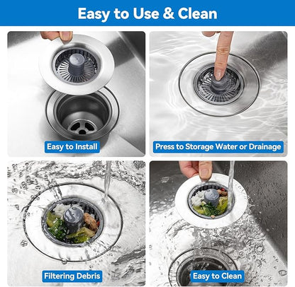 Upgraded 3-in-1 Kitchen Sink Drain Strainer, Stainless Steel Pop Up Kitchen Sink Stopper, Drain Plug for 3.5 Inch Sink Drain Hole, with Anti-Clogging Sink Strainer Basket Filter, Brushed Silver
