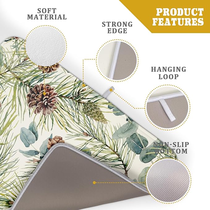 Winter Christmas Dish Drying Mat for Kitchen Counter 18x24 Evergreen Leaves Pinecone Holiday Theme Absorbent Reversible Microfiber Drying Mats Kitchen Countertop Protector Dishes Drainer Pad