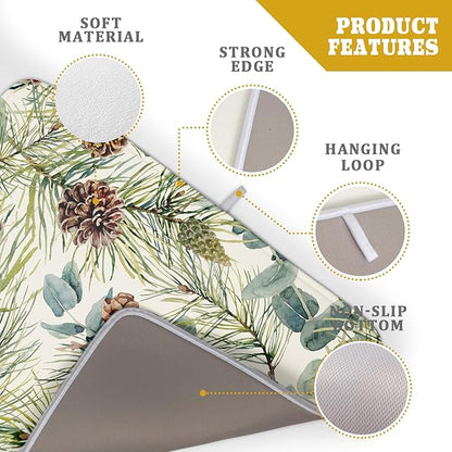 Winter Christmas Dish Drying Mat for Kitchen Counter 18x24 Evergreen Leaves Pinecone Holiday Theme Absorbent Reversible Microfiber Drying Mats Kitchen Countertop Protector Dishes Drainer Pad