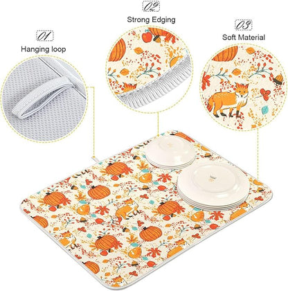 Fall Fox Dish Drying Mat for Kitchen Countertop 18x24 Autumn Chestnuts Pumpkin Berry Thanksgiving Day Large Drying Mat Reusable Quick Dry Dish Sink Mats Easy Clean Decorative Essentials