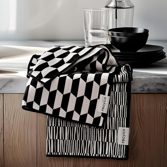 RECYCO Waffle Kitchen Towel Set of 2 - Quick Dry Microfiber Sustainable Dish Towels - Ultra Absorbent Reusable Cleaning Tea Towels - Lightweight Hand Towels,16”x 28”, Black & White Mirage