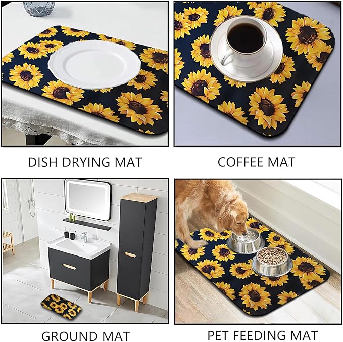 Dish Drying Mat Foldable Fall Kitchen Drying Mat Absorbent Sink Mat Multi-Purpose Coffee Pad Easy To Clean,Kitchen Gadgets,sunflower decor(sunflower) (17inches*30inches)