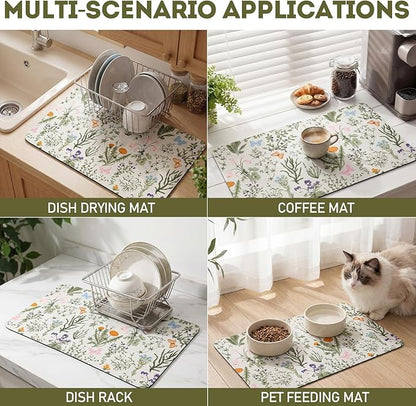LemonRoad Dish Drying Mat for Kitchen Counter, 12"x20" Absorbent Coffee Bar Mat with Spring Floral Design, Fast-dry Diatomite Drainer Drying Mats with Non-slip Backing for Kitchen Sink Countertop