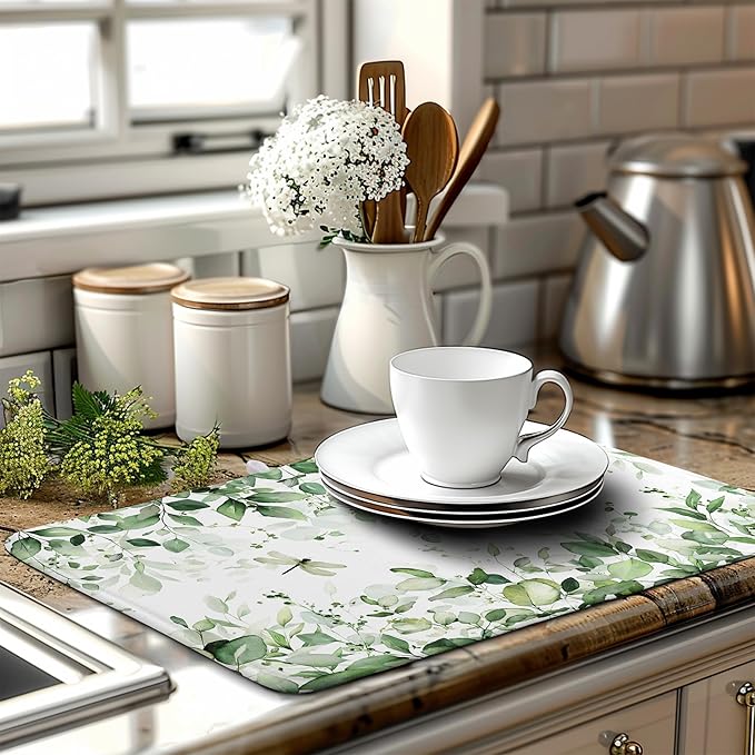 Sage Green Leaf Dish Drying Mat for Kitchen Counter Spring Eucalyptus Leaves Drying Mats Summer Floral Microfiber Absorbent Dishes Pad Reversible Washable Dish Drainer Rack Mat Large 18x24 Inch