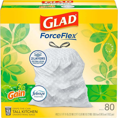 Glad ForceFlex Tall Kitchen Trash Bags, 13 Gal, Gain Original with Febreze, 80 Ct (Pack May Vary)