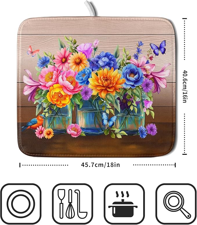 Colorful Flowers Dish Drying Mat for Kitchen Counter 16x18in Spring Flower Vases Dish Mat Drying Kitchen Mat Absorbent Microfiber Dish Drainer Rack Mats Botanical Floral Dishes Pad for Countertops