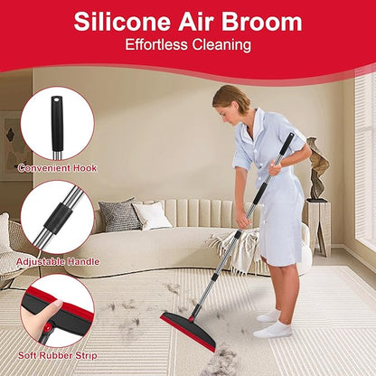 Broom with Dustpan Combo Set and Silicone Air Broom Kit, 51" Long Handle Floor Squeegee, Red Household Kit for Glass Window Rugs Pet Hair Home