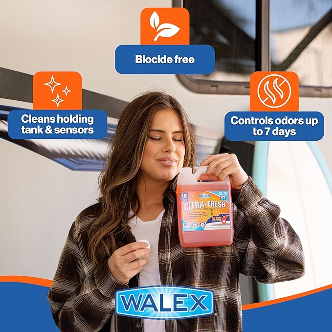 Walex Citra-Fresh Liquid Holding Tank Treatment for RV, Camper & Marine - Black Water Tank Deodorizer for Rapid Breakdown of Waste & Toilet Paper, Biocide-Free, Septic Tank Safe, 1 Gallon