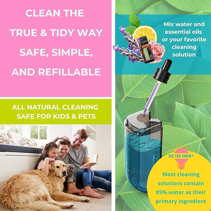 True & Tidy® Clean Everywhere Spray Mop Kit with 3 Interchangeable Heads & Refillable Tank - Flat, Round, Squeegee (Pink)