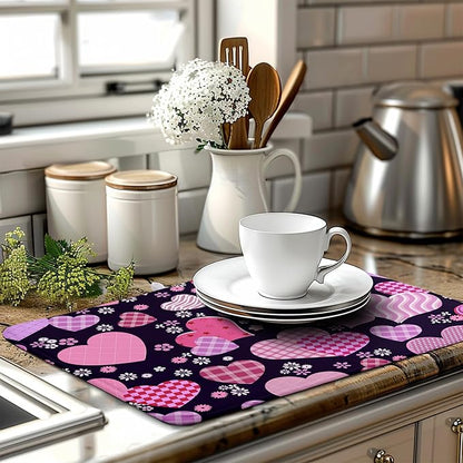 Valentine Pink Love Heart Dish Drying Mat for Kitchen Counter - Happy Valentine's Day Microfiber Pad 18x24 Inch Absorbent Drainer Large Dryer Kitchen Accessories